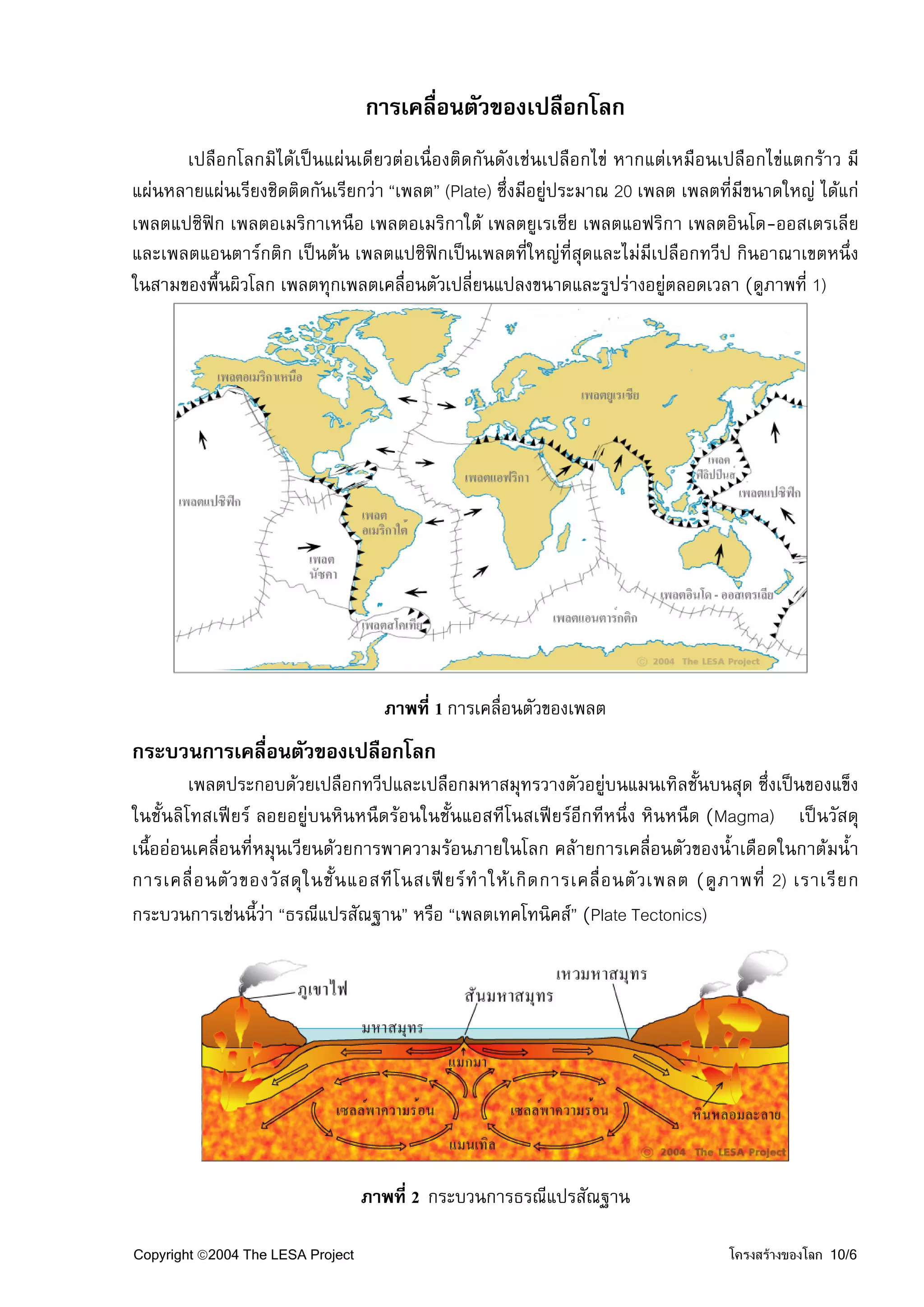 การเคลื่อนตัวของเปลือกโลก
      เปลือกโลกมิไดเปนแผนเดียวตอเนื่องติดกันดังเชนเปลือกไข หากแตเหมือนเปลือกไขแตกราว มี
แผนหลายแผนเรียงชิดติดกันเรียกวา “เพลต” (Plate) ซึ่งมีอยูประมาณ 20 เพลต เพลตที่มีขนาดใหญ ไดแก
เพลตแปซิฟก เพลตอเมริกาเหนือ เพลตอเมริกาใต เพลตยูเรเซีย เพลตแอฟริกา เพลตอินโด-ออสเตรเลีย
และเพลตแอนตารกติก เปนตน เพลตแปซิฟกเปนเพลตที่ใหญที่สุดและไมมีเปลือกทวีป กินอาณาเขตหนึ่ง
ในสามของพื้นผิวโลก เพลตทุกเพลตเคลื่อนตัวเปลี่ยนแปลงขนาดและรูปรางอยูตลอดเวลา (ดูภาพที่ 1)




                                         ภาพที่ 1 การเคลื่อนตัวของเพลต
กระบวนการเคลื่อนตัวของเปลือกโลก
         เพลตประกอบดวยเปลือกทวีปและเปลือกมหาสมุทรวางตัวอยูบนแมนเทิลชั้นบนสุด ซึ่งเปนของแข็ง
ในชั้นลิโทสเฟยร ลอยอยูบนหินหนืดรอนในชั้นแอสทีโนสเฟยรอีกทีหนึ่ง หินหนืด (Magma) เปนวัสดุ
เนื้อออนเคลื่อนที่หมุนเวียนดวยการพาความรอนภายในโลก คลายการเคลื่อนตัวของน้ําเดือดในกาตมน้ํา
การเคลื่ อ นตั ว ของวั ส ดุ ใ นชั้ น แอสที โ นสเฟ ย ร ทํ า ให เ กิ ด การเคลื่ อ นตั ว เพลต (ดู ภ าพที่ 2) เราเรี ย ก
กระบวนการเชนนี้วา “ธรณีแปรสัณฐาน” หรือ “เพลตเทคโทนิคส” (Plate Tectonics)




                                     ภาพที่ 2 กระบวนการธรณีแปรสัณฐาน

Copyright ©2004 The LESA Project                                                                 โครงสรางของโลก 10/6
 