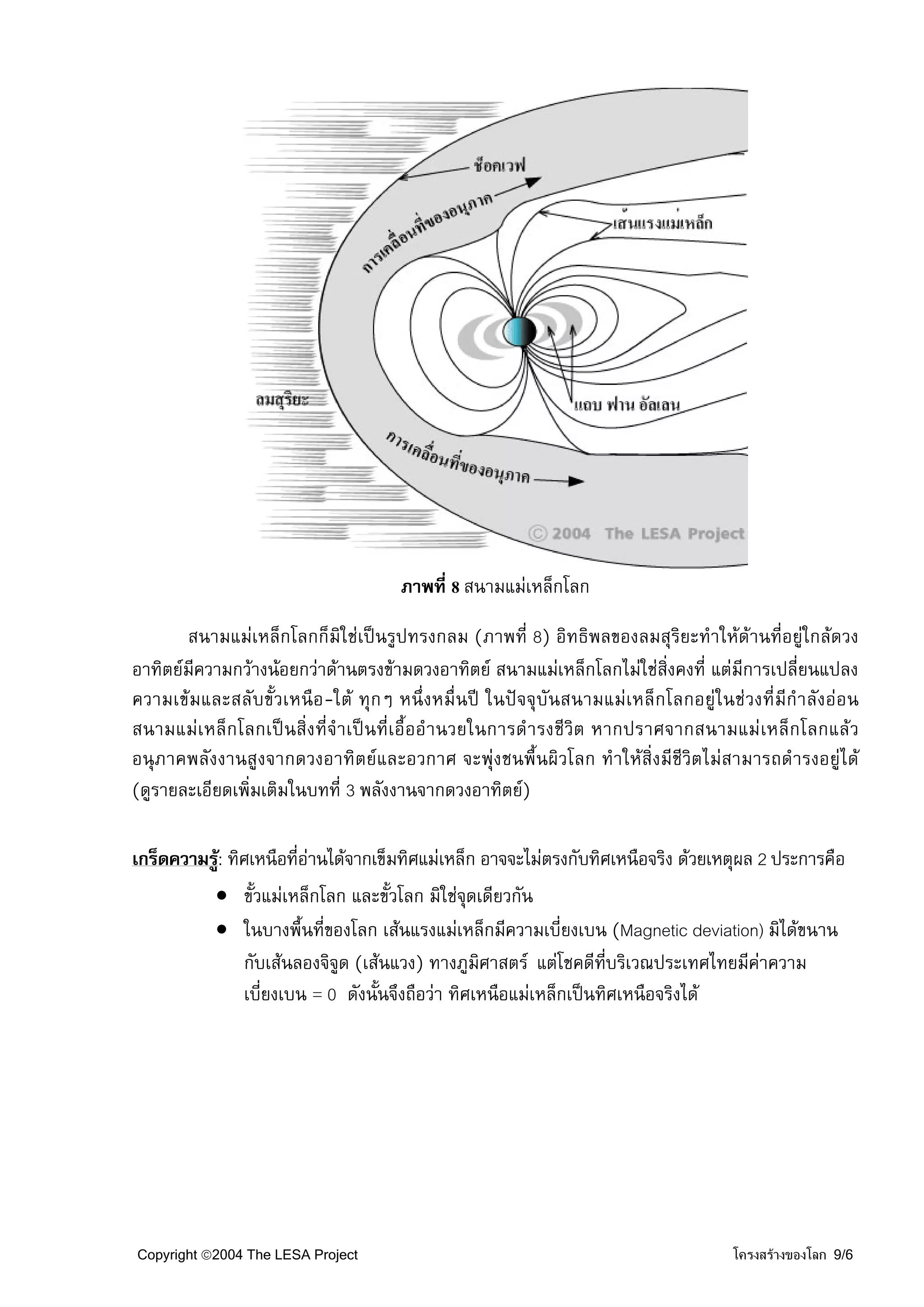 ภาพที่ 8 สนามแมเหล็กโลก

       สนามแมเหล็กโลกก็มิใชเปนรูปทรงกลม (ภาพที่ 8) อิทธิพลของลมสุริยะทําใหดานที่อยูใกลดวง
อาทิตยมีความกวางนอยกวาดานตรงขามดวงอาทิตย สนามแมเหล็กโลกไมใชส่ิงคงที่ แตมีการเปลี่ยนแปลง
ความเขมและสลับขั้วเหนือ-ใต ทุกๆ หนึ่งหมื่นป ในปจจุบันสนามแมเหล็กโลกอยูในชวงที่มีกําลังออน
สนามแมเหล็กโลกเปนสิ่งที่จําเปนที่เอื้ออํานวยในการดํารงชีวิต หากปราศจากสนามแมเหล็กโลกแลว
อนุภาคพลังงานสูงจากดวงอาทิตยและอวกาศ จะพุงชนพื้นผิวโลก ทําใหสิ่งมีชีวิตไมสามารถดํารงอยูได
(ดูรายละเอียดเพิ่มเติมในบทที่ 3 พลังงานจากดวงอาทิตย)

เกร็ดความรู: ทิศเหนือที่อานไดจากเข็มทิศแมเหล็ก อาจจะไมตรงกับทิศเหนือจริง ดวยเหตุผล 2 ประการคือ
                          
          • ขั้วแมเหล็กโลก และขั้วโลก มิใชจดเดียวกัน
                                                  ุ
          • ในบางพื้นที่ของโลก เสนแรงแมเหล็กมีความเบี่ยงเบน (Magnetic deviation) มิไดขนาน
                กับเสนลองจิจูด (เสนแวง) ทางภูมศาสตร แตโชคดีทบริเวณประเทศไทยมีคาความ
                                                    ิ               ี่
                เบี่ยงเบน = 0 ดังนั้นจึงถือวา ทิศเหนือแมเหล็กเปนทิศเหนือจริงได




Copyright ©2004 The LESA Project                                                   โครงสรางของโลก 9/6
 