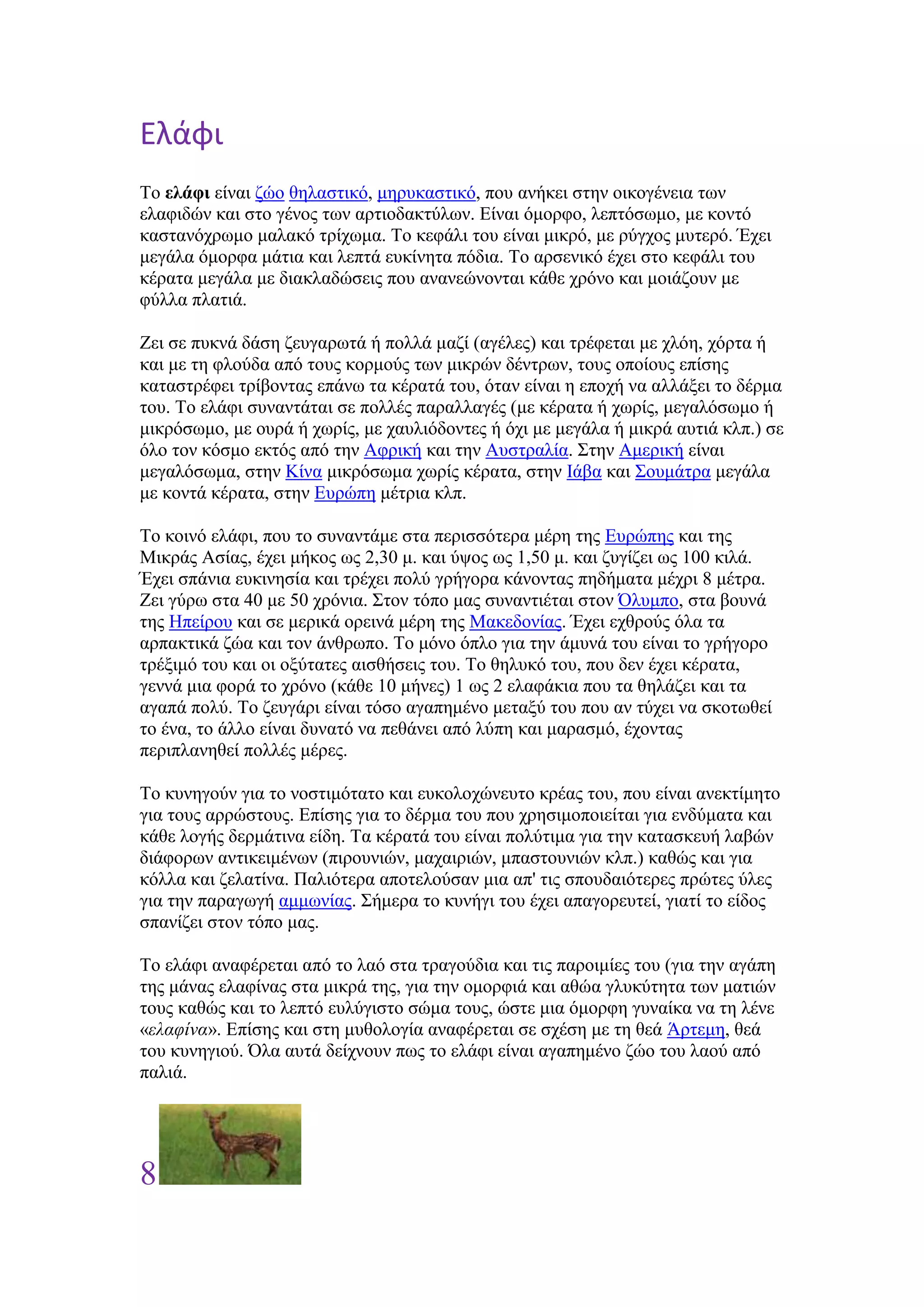 Ελάφι
To ελάθι είλαη δών ζειαζηηθό, κεξπθαζηηθό, πνπ αλήθεη ζηελ νηθνγέλεηα ησλ
ειαθηδώλ θαη ζην γέλνο ησλ αξηηνδαθηύισλ. Δίλαη όκνξθν, ιεπηόζσκν, κε θνληό
θαζηαλόρξσκν καιαθό ηξίρσκα. Σν θεθάιη ηνπ είλαη κηθξό, κε ξύγρνο κπηεξό. Έρεη
κεγάια όκνξθα κάηηα θαη ιεπηά επθίλεηα πόδηα. Σν αξζεληθό έρεη ζην θεθάιη ηνπ
θέξαηα κεγάια κε δηαθιαδώζεηο πνπ αλαλεώλνληαη θάζε ρξόλν θαη κνηάδνπλ κε
θύιια πιαηηά.

Εεη ζε ππθλά δάζε δεπγαξσηά ή πνιιά καδί (αγέιεο) θαη ηξέθεηαη κε ριόε, ρόξηα ή
θαη κε ηε θινύδα από ηνπο θνξκνύο ησλ κηθξώλ δέληξσλ, ηνπο νπνίνπο επίζεο
θαηαζηξέθεη ηξίβνληαο επάλσ ηα θέξαηά ηνπ, όηαλ είλαη ε επνρή λα αιιάμεη ην δέξκα
ηνπ. Σν ειάθη ζπλαληάηαη ζε πνιιέο παξαιιαγέο (κε θέξαηα ή ρσξίο, κεγαιόζσκν ή
κηθξόζσκν, κε νπξά ή ρσξίο, κε ραπιηόδνληεο ή όρη κε κεγάια ή κηθξά απηηά θιπ.) ζε
όιν ηνλ θόζκν εθηόο από ηελ Αθξηθή θαη ηελ Απζηξαιία. ΢ηελ Ακεξηθή είλαη
κεγαιόζσκα, ζηελ Κίλα κηθξόζσκα ρσξίο θέξαηα, ζηελ Ηάβα θαη ΢νπκάηξα κεγάια
κε θνληά θέξαηα, ζηελ Δπξώπε κέηξηα θιπ.

Σν θνηλό ειάθη, πνπ ην ζπλαληάκε ζηα πεξηζζόηεξα κέξε ηεο Δπξώπεο θαη ηεο
Μηθξάο Αζίαο, έρεη κήθνο σο 2,30 κ. θαη ύςνο σο 1,50 κ. θαη δπγίδεη σο 100 θηιά.
Έρεη ζπάληα επθηλεζία θαη ηξέρεη πνιύ γξήγνξα θάλνληαο πεδήκαηα κέρξη 8 κέηξα.
Εεη γύξσ ζηα 40 κε 50 ρξόληα. ΢ηνλ ηόπν καο ζπλαληηέηαη ζηνλ Όιπκπν, ζηα βνπλά
ηεο Ζπείξνπ θαη ζε κεξηθά νξεηλά κέξε ηεο Μαθεδνλίαο. Έρεη ερζξνύο όια ηα
αξπαθηηθά δώα θαη ηνλ άλζξσπν. Σν κόλν όπιν γηα ηελ άκπλά ηνπ είλαη ην γξήγνξν
ηξέμηκό ηνπ θαη νη νμύηαηεο αηζζήζεηο ηνπ. Σν ζειπθό ηνπ, πνπ δελ έρεη θέξαηα,
γελλά κηα θνξά ην ρξόλν (θάζε 10 κήλεο) 1 σο 2 ειαθάθηα πνπ ηα ζειάδεη θαη ηα
αγαπά πνιύ. Σν δεπγάξη είλαη ηόζν αγαπεκέλν κεηαμύ ηνπ πνπ αλ ηύρεη λα ζθνησζεί
ην έλα, ην άιιν είλαη δπλαηό λα πεζάλεη από ιύπε θαη καξαζκό, έρνληαο
πεξηπιαλεζεί πνιιέο κέξεο.

Σν θπλεγνύλ γηα ην λνζηηκόηαην θαη επθνινρώλεπην θξέαο ηνπ, πνπ είλαη αλεθηίκεην
γηα ηνπο αξξώζηνπο. Δπίζεο γηα ην δέξκα ηνπ πνπ ρξεζηκνπνηείηαη γηα ελδύκαηα θαη
θάζε ινγήο δεξκάηηλα είδε. Σα θέξαηά ηνπ είλαη πνιύηηκα γηα ηελ θαηαζθεπή ιαβώλ
δηάθνξσλ αληηθεηκέλσλ (πηξνπληώλ, καραηξηώλ, κπαζηνπληώλ θιπ.) θαζώο θαη γηα
θόιια θαη δειαηίλα. Παιηόηεξα απνηεινύζαλ κηα απ' ηηο ζπνπδαηόηεξεο πξώηεο ύιεο
γηα ηελ παξαγσγή ακκσλίαο. ΢ήκεξα ην θπλήγη ηνπ έρεη απαγνξεπηεί, γηαηί ην είδνο
ζπαλίδεη ζηνλ ηόπν καο.

Σν ειάθη αλαθέξεηαη από ην ιαό ζηα ηξαγνύδηα θαη ηηο παξνηκίεο ηνπ (γηα ηελ αγάπε
ηεο κάλαο ειαθίλαο ζηα κηθξά ηεο, γηα ηελ νκνξθηά θαη αζώα γιπθύηεηα ησλ καηηώλ
ηνπο θαζώο θαη ην ιεπηό επιύγηζην ζώκα ηνπο, ώζηε κηα όκνξθε γπλαίθα λα ηε ιέλε
«ελαθίνα». Δπίζεο θαη ζηε κπζνινγία αλαθέξεηαη ζε ζρέζε κε ηε ζεά Άξηεκε, ζεά
ηνπ θπλεγηνύ. Όια απηά δείρλνπλ πσο ην ειάθη είλαη αγαπεκέλν δών ηνπ ιανύ από
παιηά.




8
 