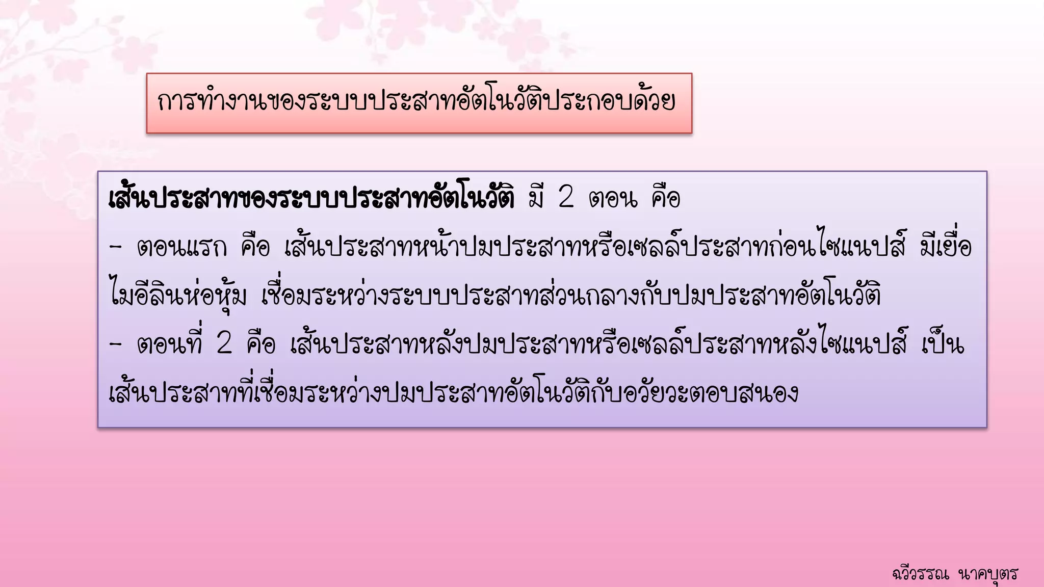 การทางานของระบบประสาทอัตโนวัติประกอบด้วย

เส้นประสาทของระบบประสาทอัตโนวัติ มี 2 ตอน คือ
- ตอนแรก คือ เส้นประสาทหน้าปมประสาทหรือเซลล์ประสาทก่อนไซแนปส์ มีเยื่อ
ไมอีลินห่อหุ้ม เชื่อมระหว่างระบบประสาทส่วนกลางกับปมประสาทอัตโนวัติ
- ตอนที่ 2 คือ เส้นประสาทหลังปมประสาทหรือเซลล์ประสาทหลังไซแนปส์ เป็น
เส้นประสาทที่เชื่อมระหว่างปมประสาทอัตโนวัติกับอวัยวะตอบสนอง



                                                              ฉวีวรรณ นาคบุตร
 
