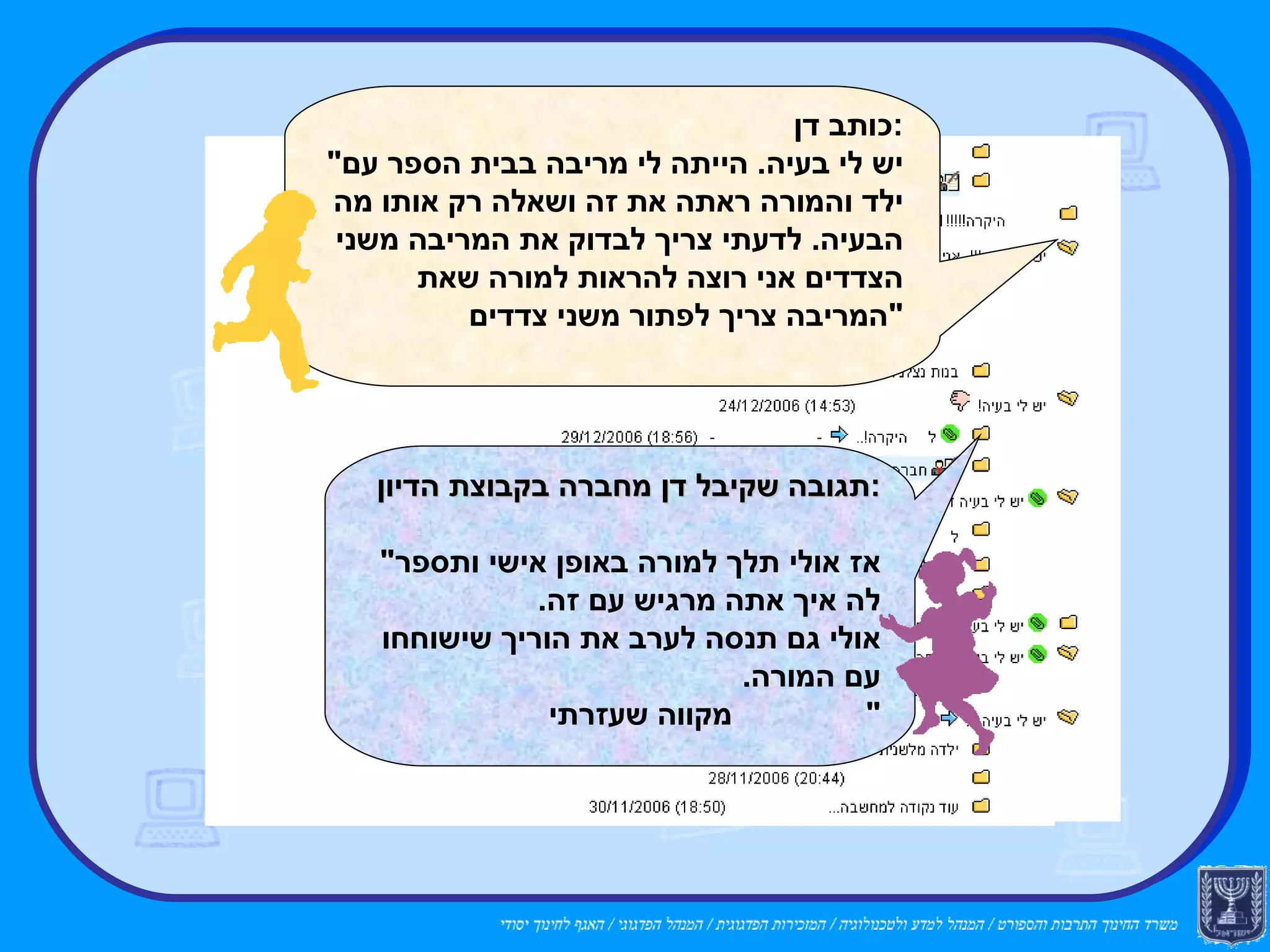 כותב דן : " יש לי בעיה .  הייתה לי מריבה בבית הספר עם ילד והמורה ראתה את זה ושאלה רק אותו מה הבעיה .  לדעתי צריך לבדוק את המריבה משני הצדדים אני רוצה להראות למורה שאת המריבה צריך לפתור משני צדדים " תגובה שקיבל דן מחברה בקבוצת הדיון : " אז אולי תלך למורה באופן אישי ותספר לה איך אתה מרגיש עם זה .  אולי גם תנסה לערב את הוריך שישוחחו עם המורה .    מקווה שעזרתי " 