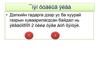 ¯íýí õóäëûã ÿëãà
• Дэлхийн гадарга дээр ус ба хуурай
  газрын хуваарилагдсан байдал нь
  ýêâàòîðîîñ 2 òèéø òýãø áóñ õýìòýé.

          Ү            Х
 