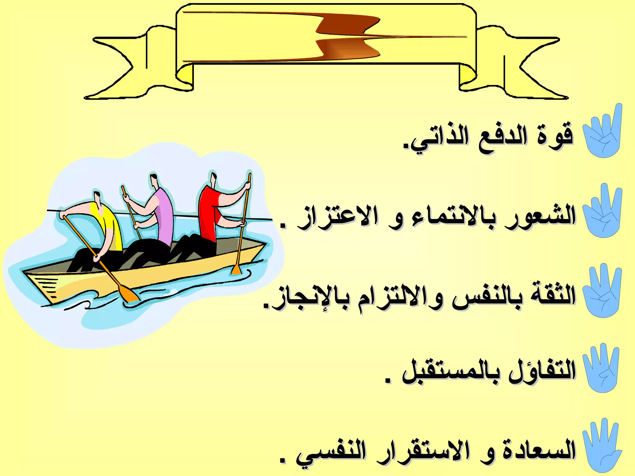 قوة الدفع الذاتي . الشعور بالانتماء و الاعتزاز  . الثقة بالنفس والالتزام بالإنجاز . التفاؤل بالمستقبل  . السعادة و الاستقرار النفسي  . 7 ـ الروح المعنوية 