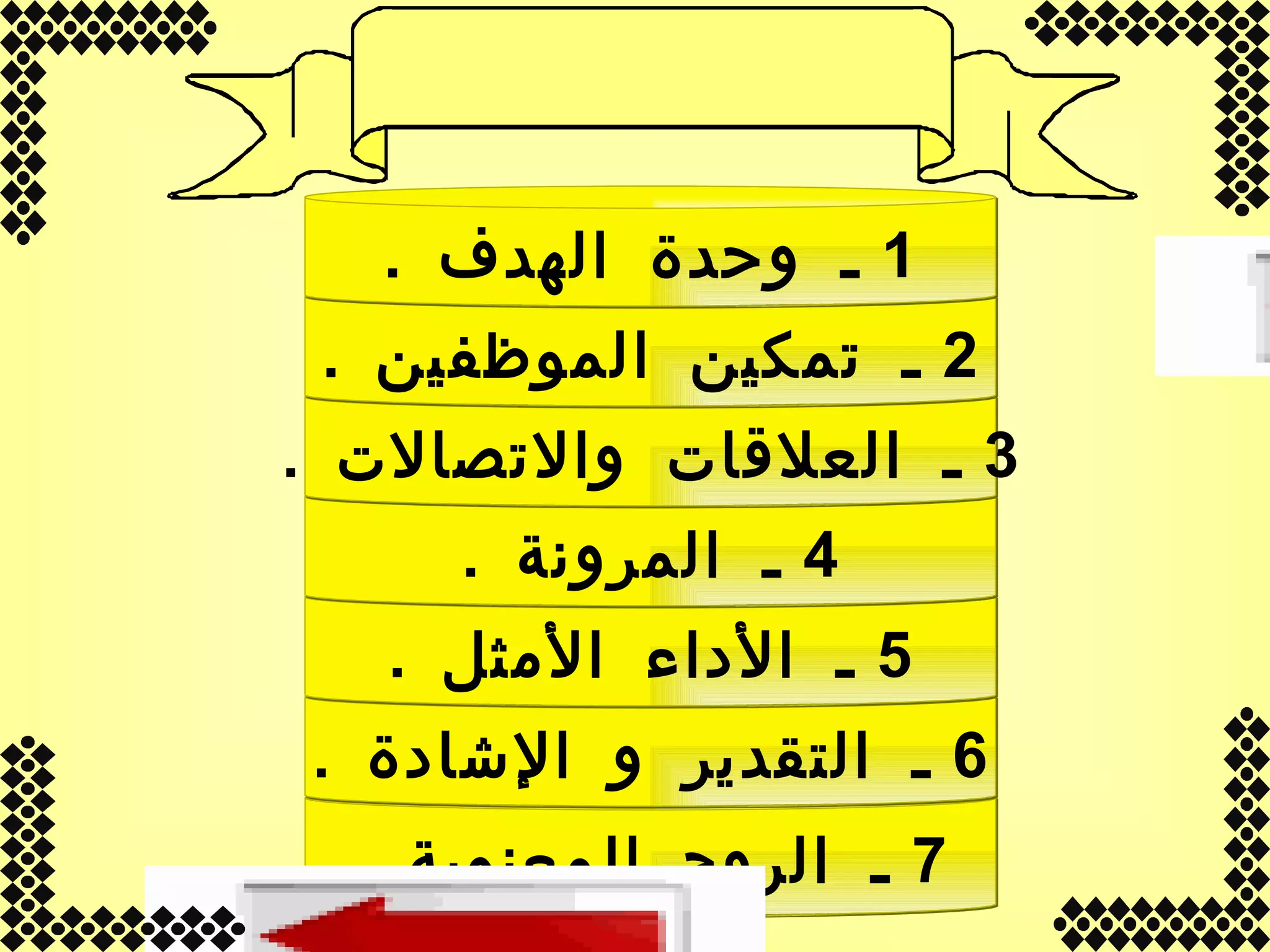 7  ـ الروح المعنوية  . 6  ـ التقدير و الإشادة  . 5  ـ الأداء الأمثل  . 4  ـ المرونة  . 3  ـ العلاقات والاتصالات  . 2  ـ تمكين الموظفين  . 1  ـ وحدة الهدف  . البناء و التشخيص 