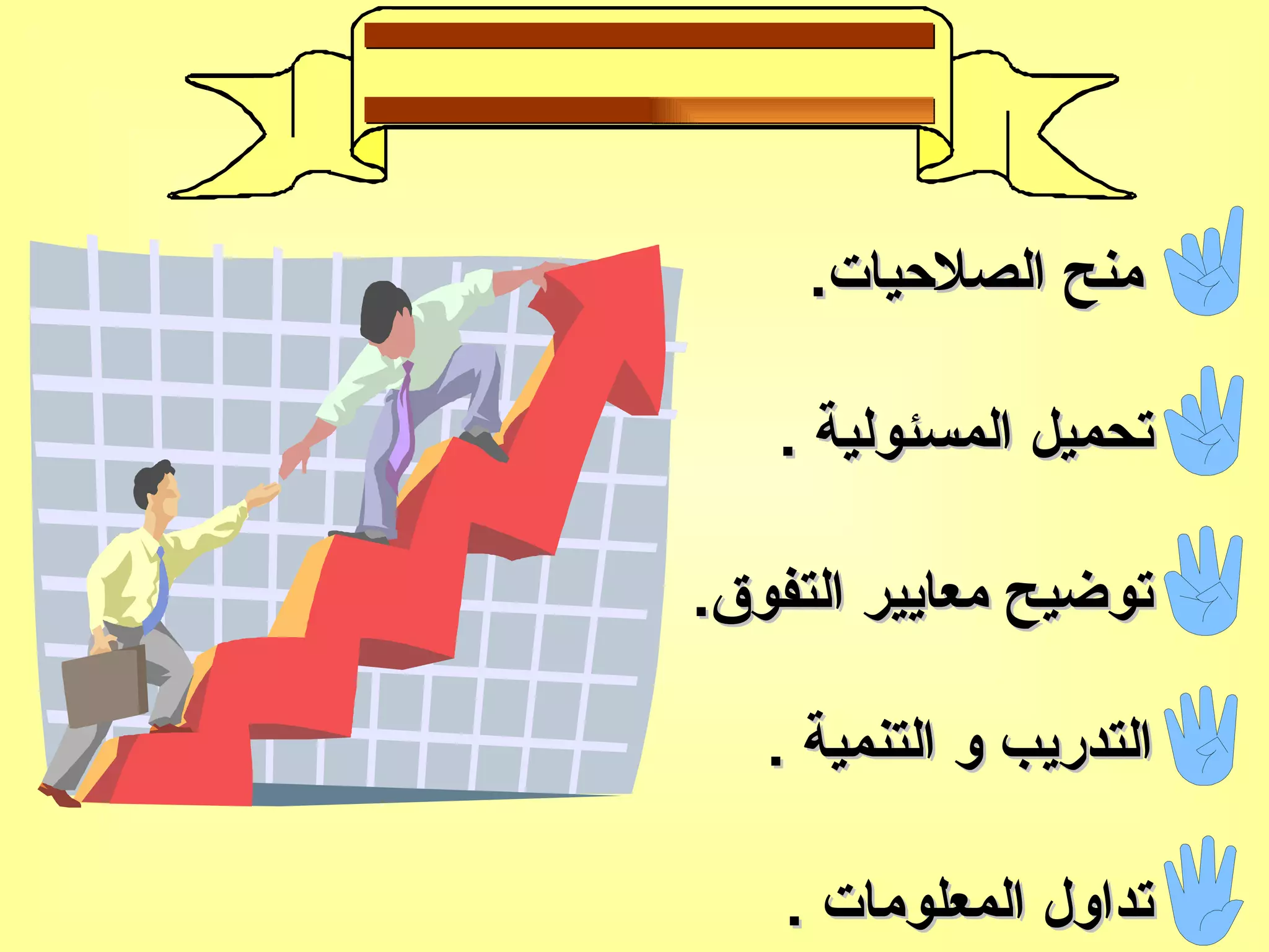 منح الصلاحيات . تحميل المسئولية  . توضيح معايير التفوق . التدريب و التنمية  . تداول المعلومات  . 2ـ وسائل تمكين الموظفين 