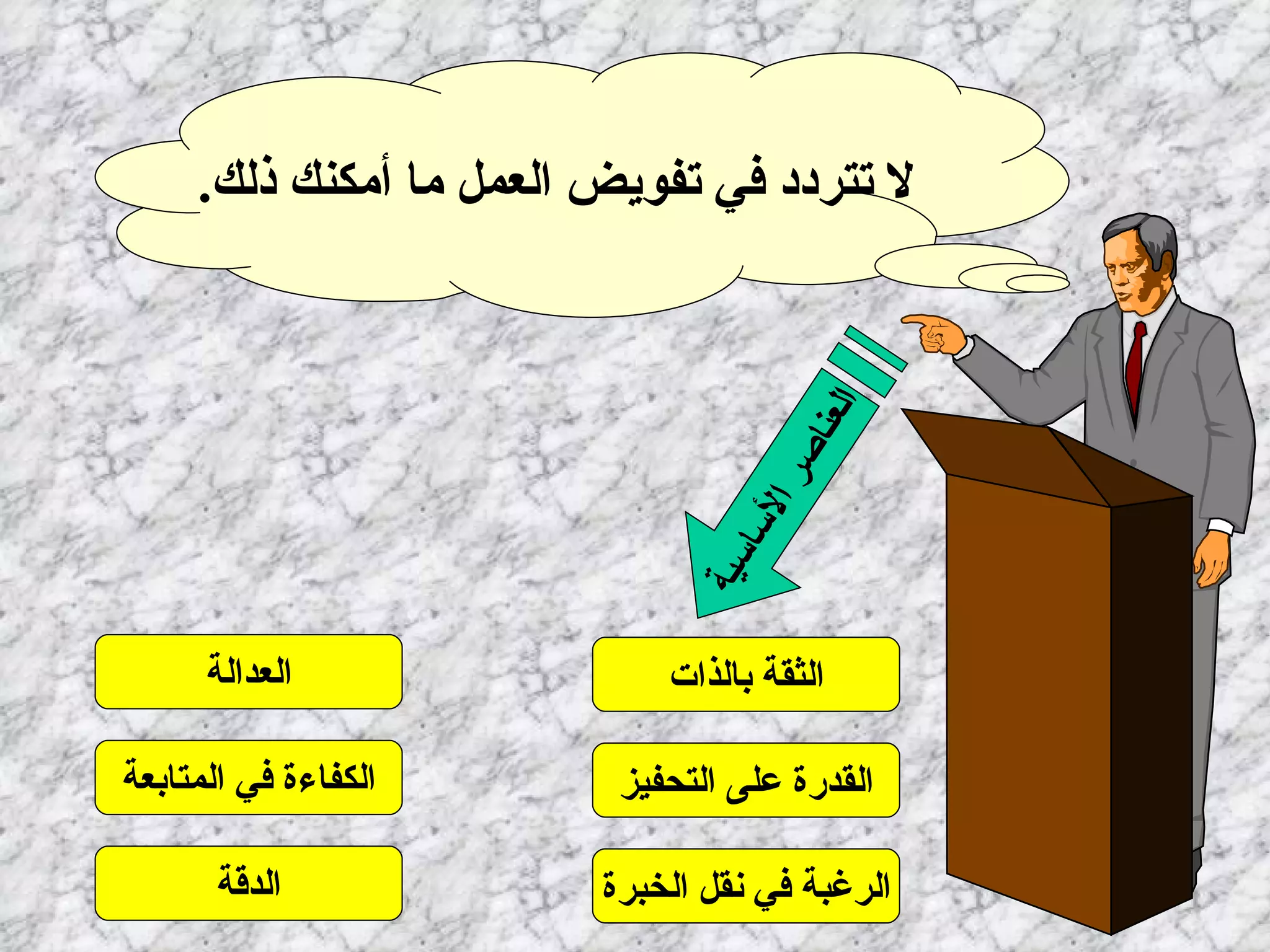 لا تتردد في تفويض العمل ما أمكنك ذلك .  العناصر الأساسية الثقة بالذات القدرة على   التحفيز الرغبة في نقل الخبرة العدالة الكفاءة في المتابعة الدقة 