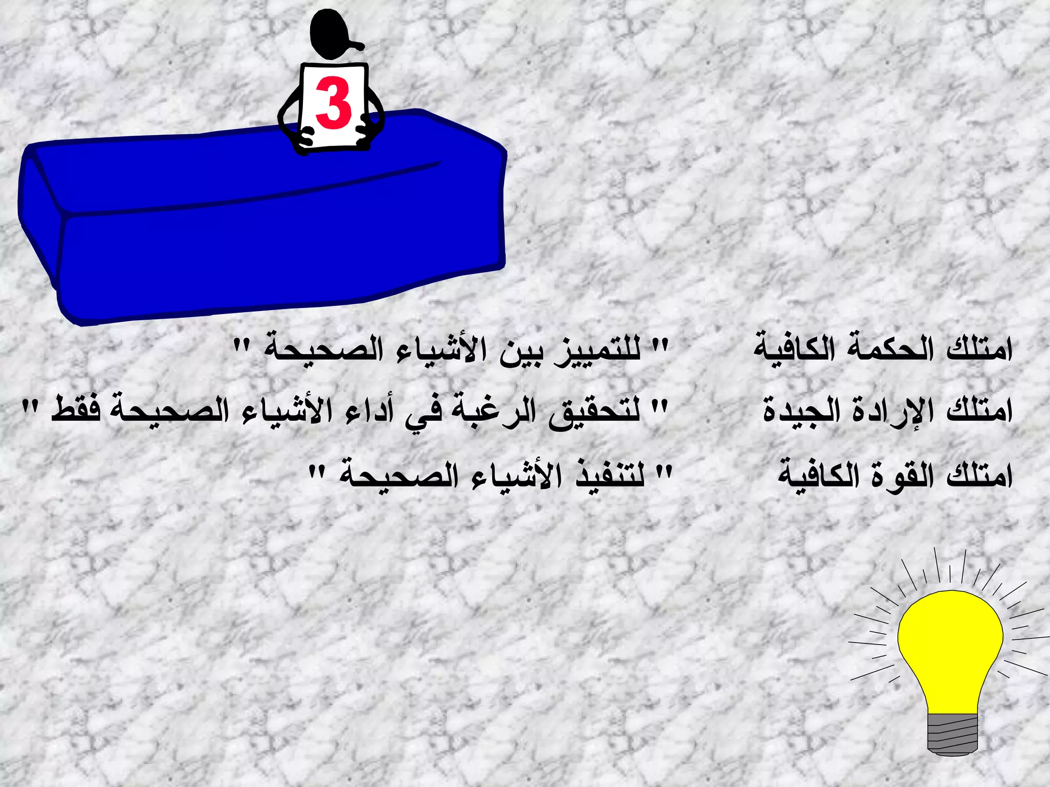 امتلك الحكمة الكافية  "  للتمييز بين الأشياء الصحيحة   " امتلك الإرادة الجيدة  "  لتحقيق الرغبة في أداء الأشياء الصحيحة فقط   " امتلك القوة الكافية  "  لتنفيذ الأشياء الصحيحة   " كن انهزامياً عند كل خطأ وجباناً عن فعل أي قبيح  استخدم قدراتك بطريقة عظيمة إضاءة  