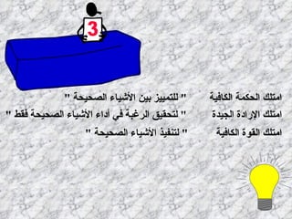 امتلك الحكمة الكافية  &quot;  للتمييز بين الأشياء الصحيحة   &quot; امتلك الإرادة الجيدة  &quot;  لتحقيق الرغبة في أداء الأشياء الصحيحة فقط   &quot; امتلك القوة الكافية  &quot;  لتنفيذ الأشياء الصحيحة   &quot; كن انهزامياً عند كل خطأ وجباناً عن فعل أي قبيح  استخدم قدراتك بطريقة عظيمة إضاءة  