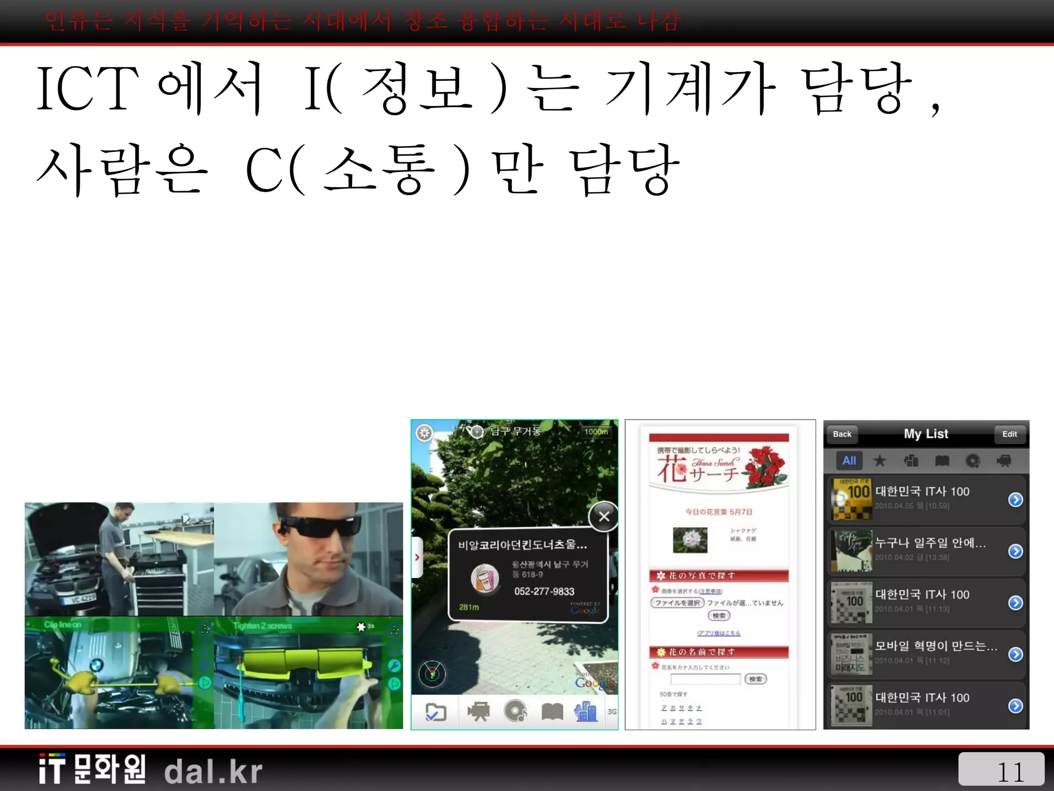 인류는 지식을 기억하는 시대에서 창조 융합하는 시대로 나감 ICT 에서  I( 정보 ) 는 기계가 담당 , 사람은  C( 소통 ) 만 담당 