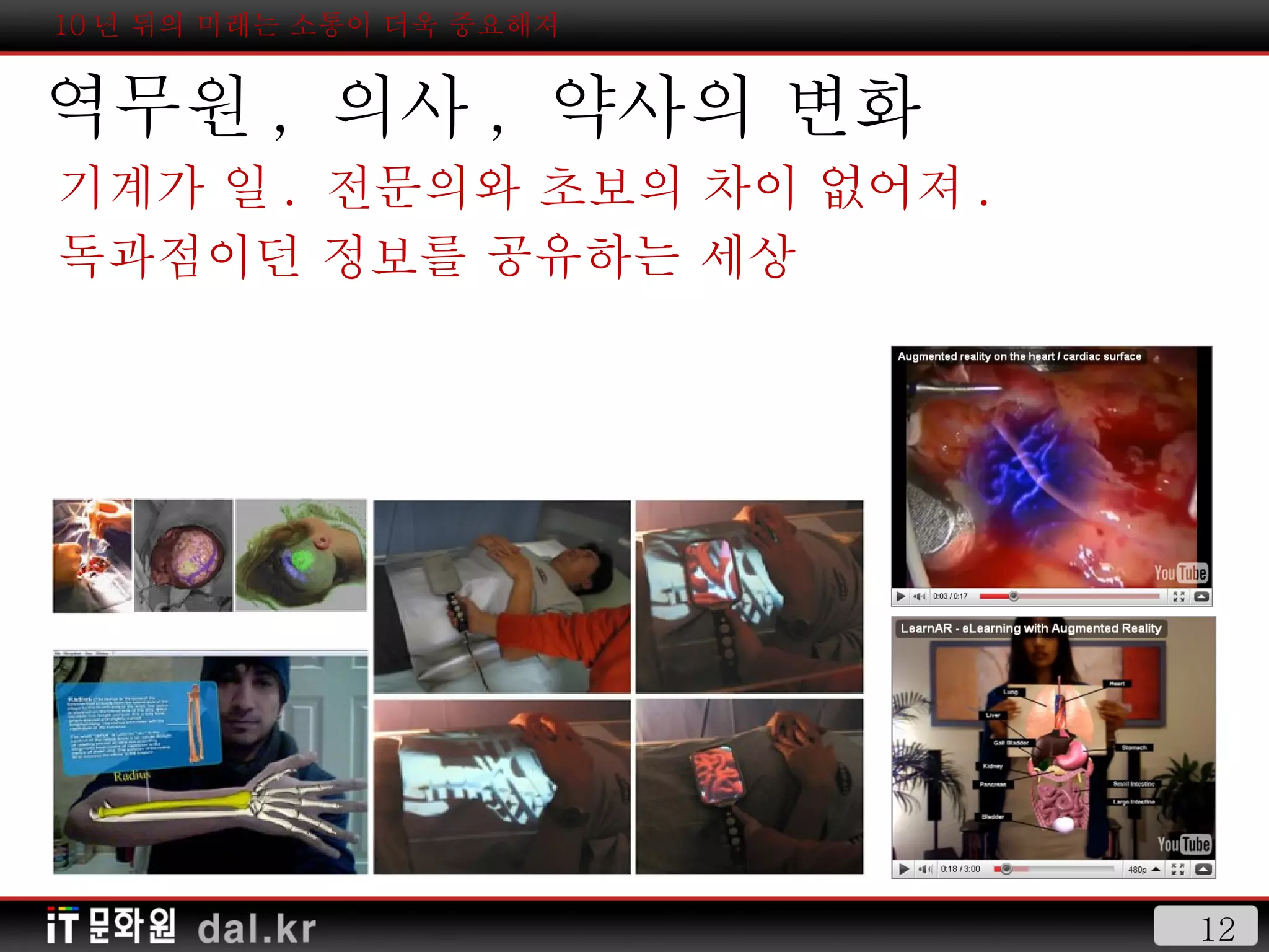 10 년 뒤의 미래는 소통이 더욱 중요해져 역무원 ,  의사 ,  약사의 변화 기계가 일 .  전문의와 초보의 차이 없어져 . 독과점이던 정보를 공유하는 세상 