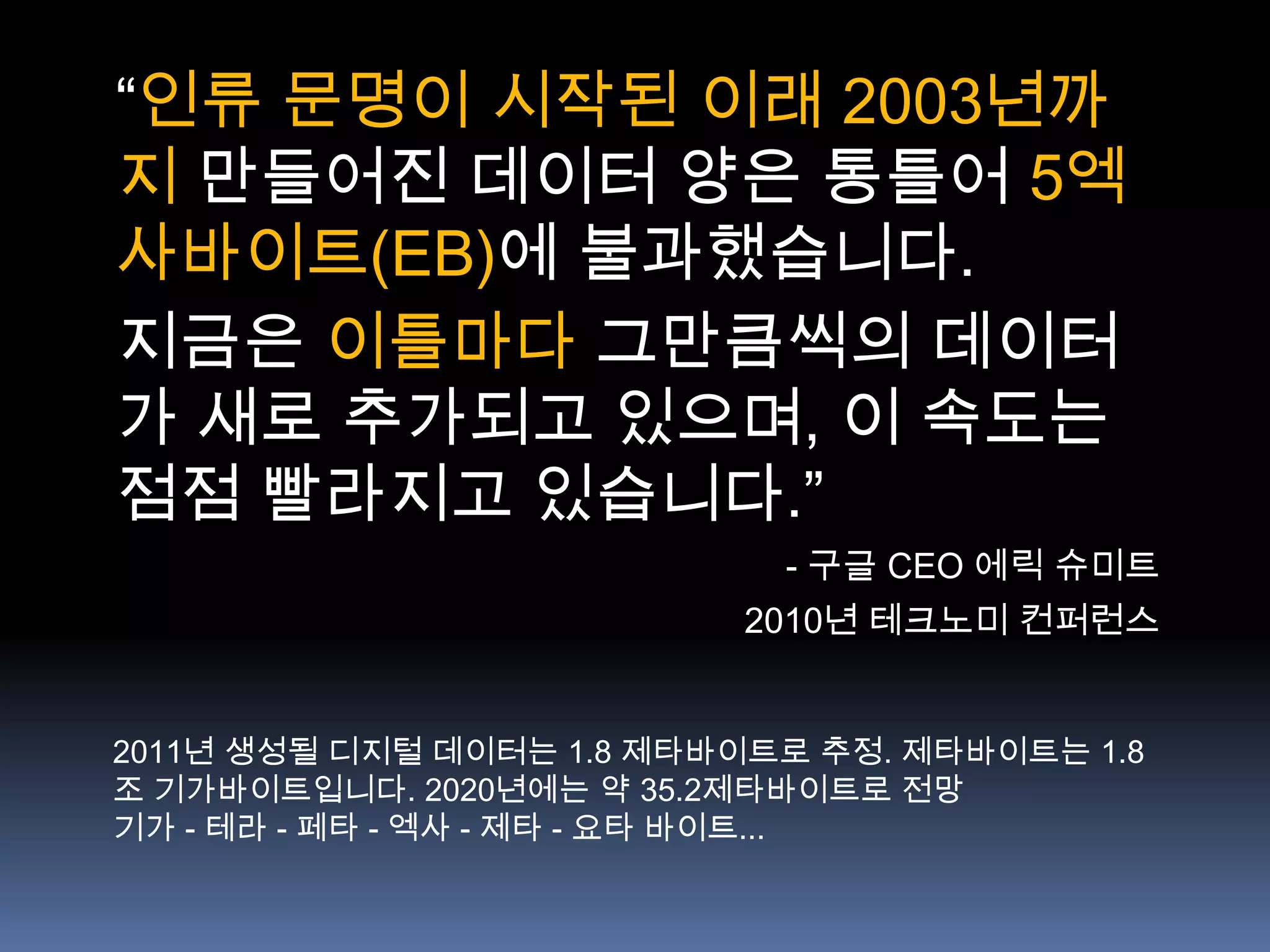 “인류 문명이 시작된 이래 2003년까
지 만들어진 데이터 양은 통틀어 5엑
사바이트(EB)에 불과했습니다.
지금은 이틀마다 그만큼씩의 데이터
가 새로 추가되고 있으며, 이 속도는
점점 빨라지고 있습니다.”
                            - 구글 CEO 에릭 슈미트
                          2010년 테크노미 컨퍼런스


2011년 생성될 디지털 데이터는 1.8 제타바이트로 추정. 제타바이트는 1.8
조 기가바이트입니다. 2020년에는 약 35.2제타바이트로 전망
기가 - 테라 - 페타 - 엑사 - 제타 - 요타 바이트...
 