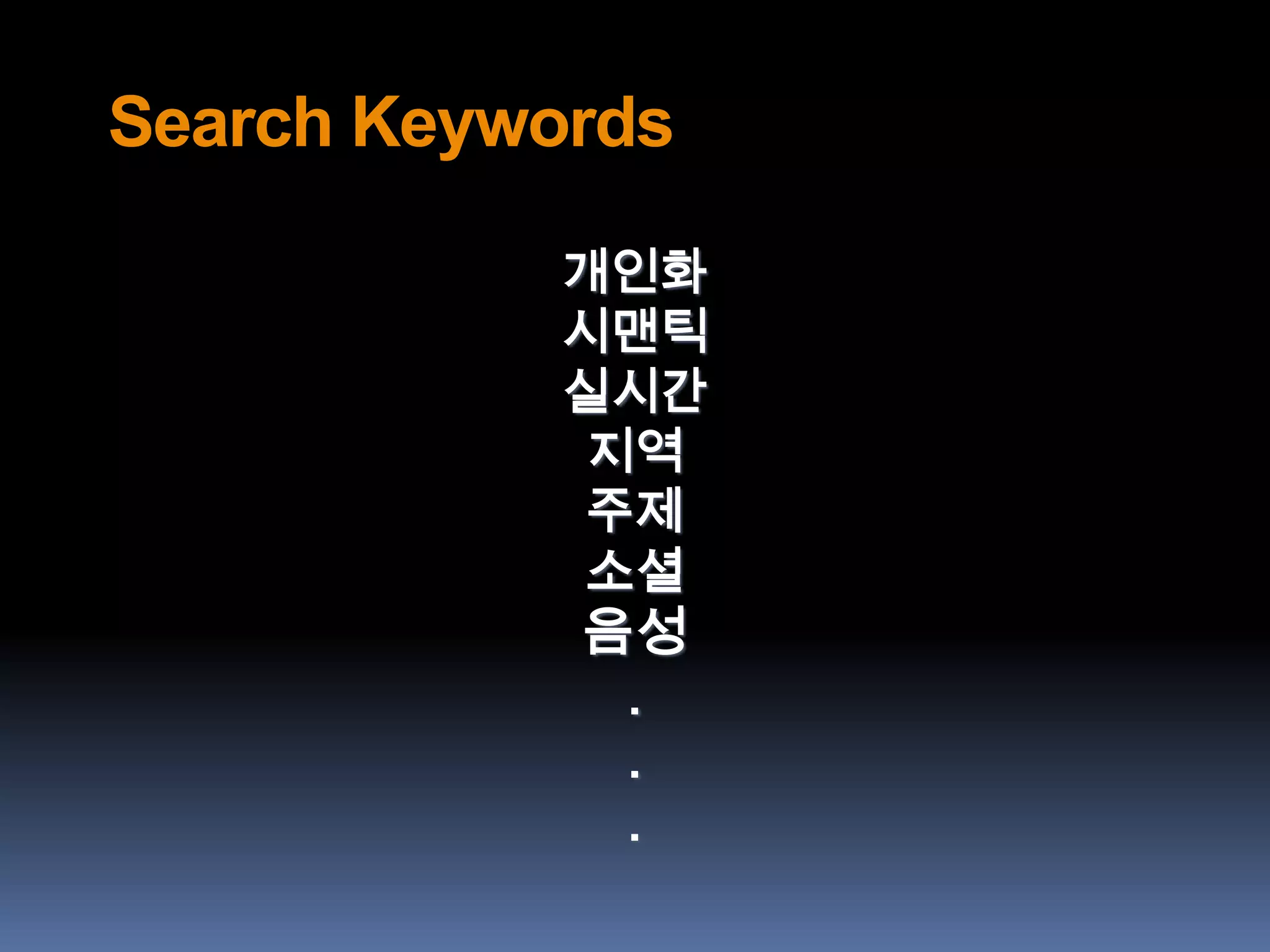 Search Keywords

           개인화
           시맨틱
           실시간
           지역
           주제
           소셜
            음성
             .
             .
             .
 