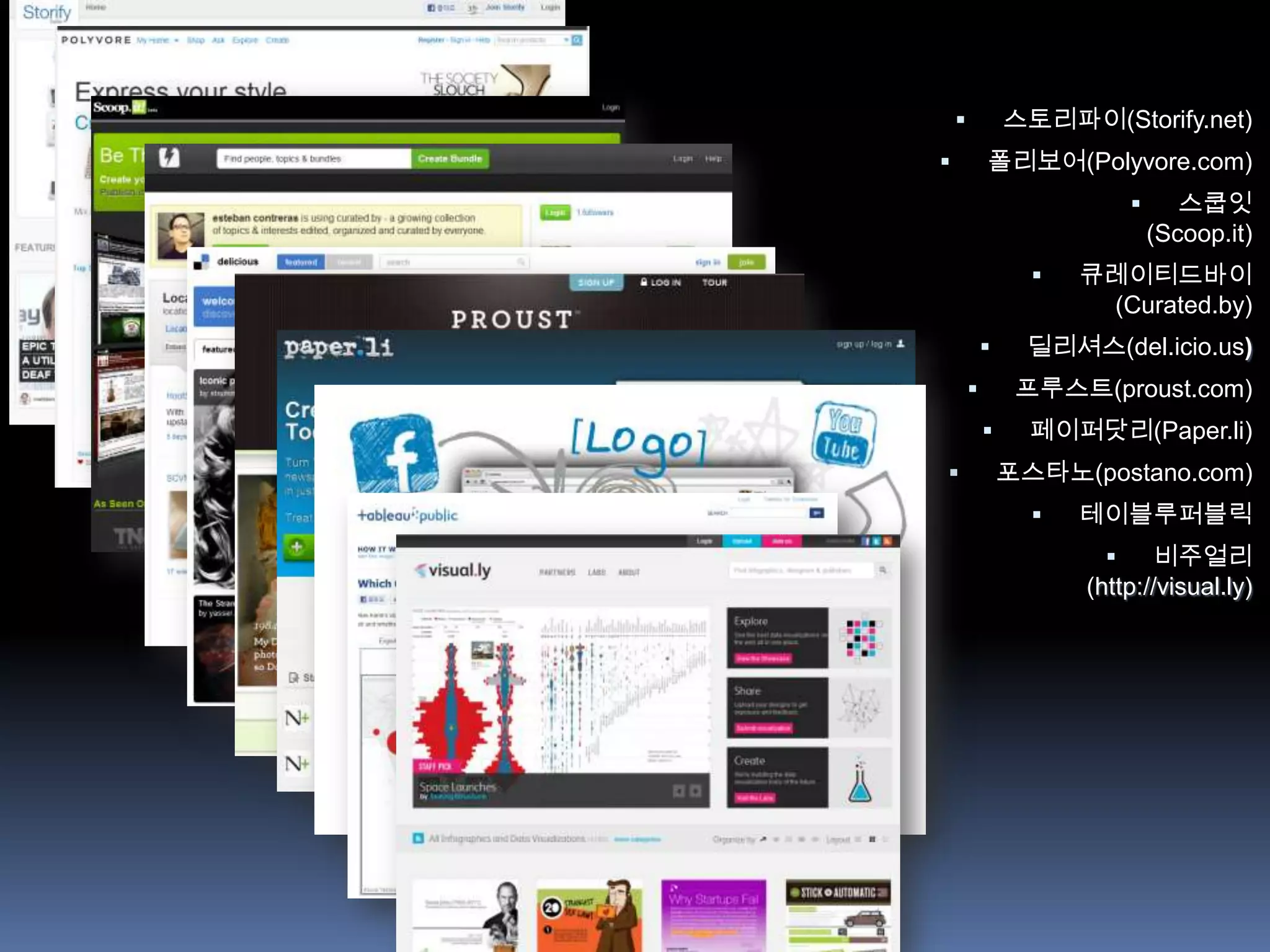            스토리파이(Storify.net)
           폴리보어(Polyvore.com)
                                  스쿱잇
                                (Scoop.it)
                     큐레이티드바이
                       (Curated.by)
                 딜리셔스(del.icio.us)
                프루스트(proust.com)
                 페이퍼닷리(Paper.li)
               포스타노(postano.com)
                     테이블루퍼블릭
                             비주얼리
                      (http://visual.ly)
 