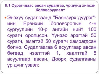 II.1 Сурагчдаас авсан судалгаа, үр дүнд хийсэн
                 боловсруулалт

 Энэхүү судалгаанд "Баянзүрх дүүрэг"-
 ийн    Ерөнхий    боловсролын    4-н
 сургуулийн 10-р ангийн нийт 100
 сурагч оролцсон. Үүнээс эрэгтэй 50
 сурагч, эмэгтэй 50 сурагч хамрагдсан
 болно. Судалгаагаа 6 асуулгаар авсан
 бөгөөд нээлттэй 1, хаалттай 5
 асуулгаар авсан. Доорх судалгааны
 үр дүнг үзвэл:
 