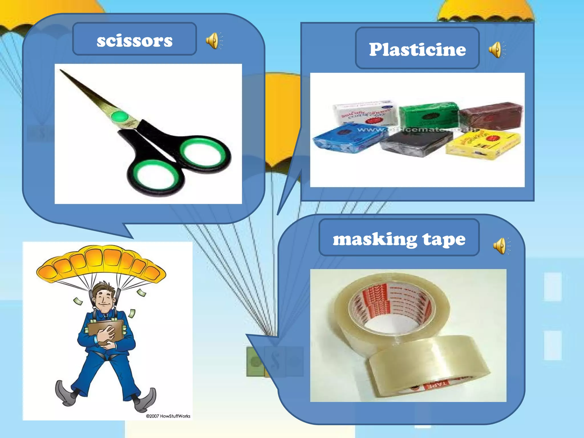 scissors masking tape Plasticine 