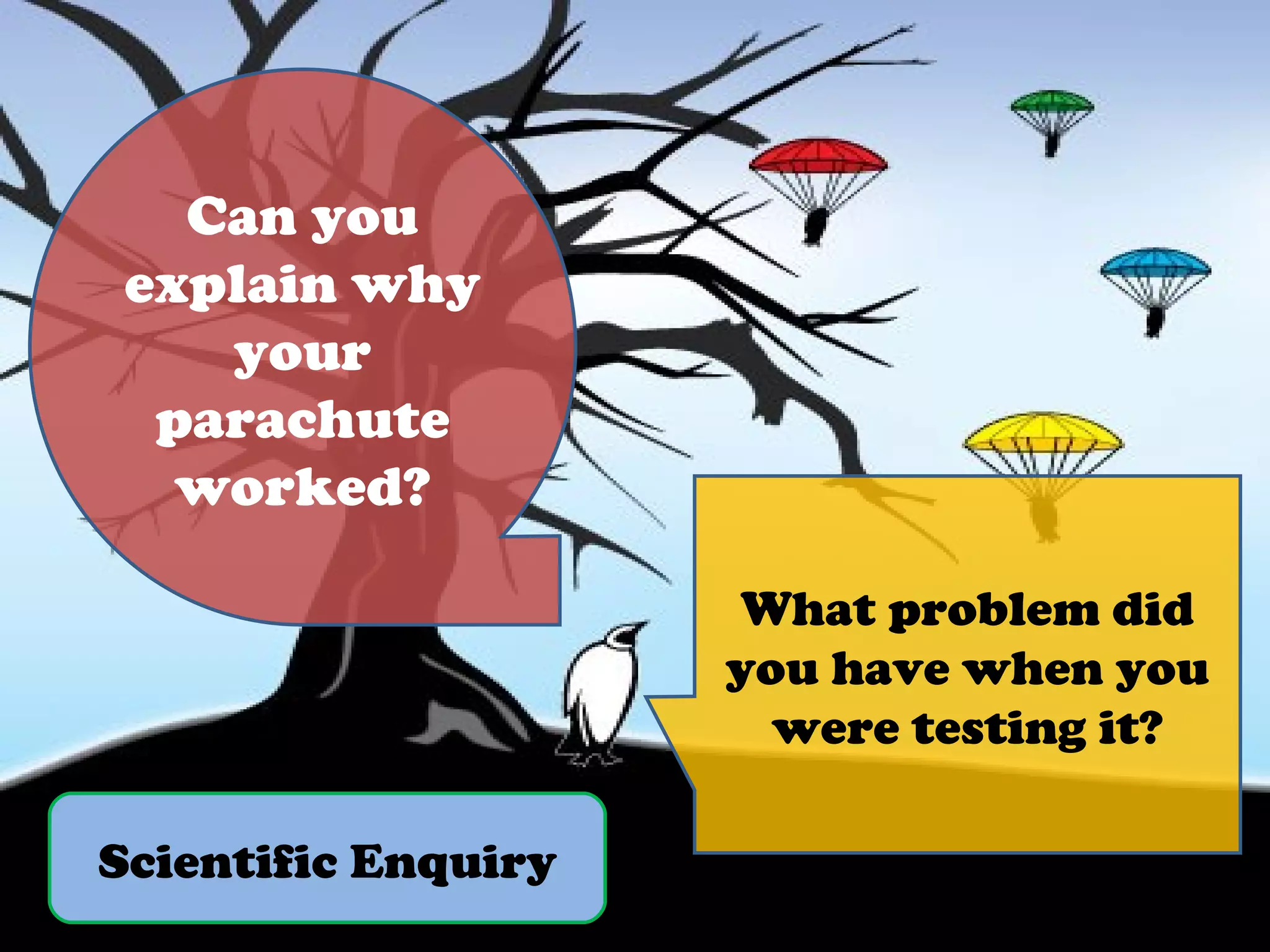 Scientific Enquiry Can you explain why your parachute worked? What problem did you have when you were testing it? 