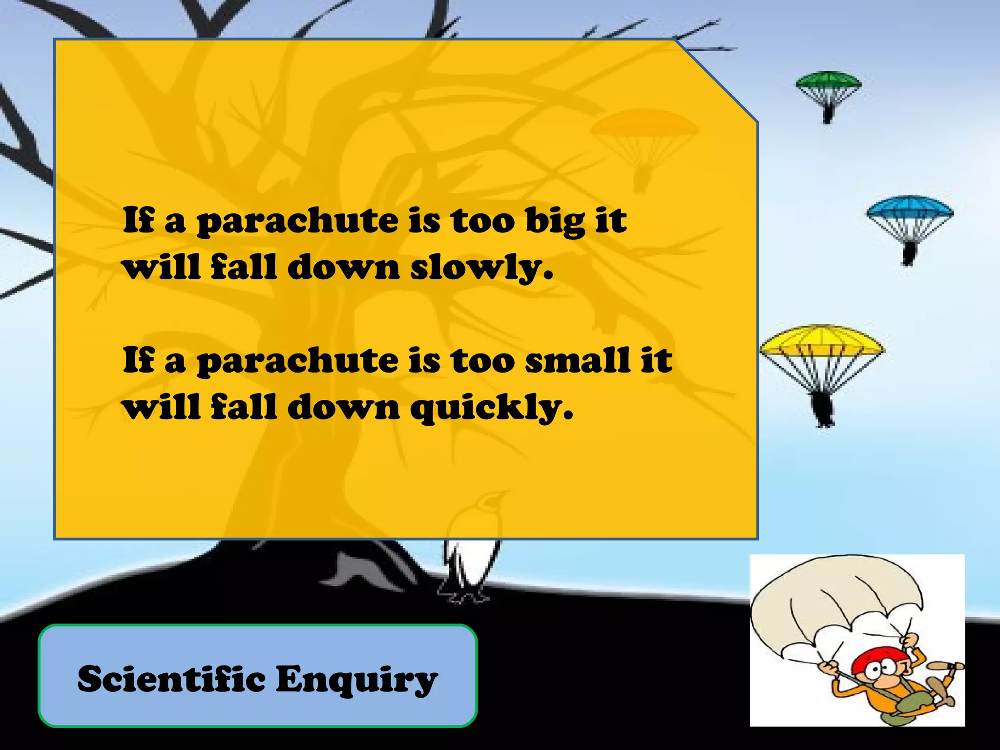 Scientific Enquiry If a parachute is too big it will fall down slowly. If a parachute is too small it will fall down quickly. 