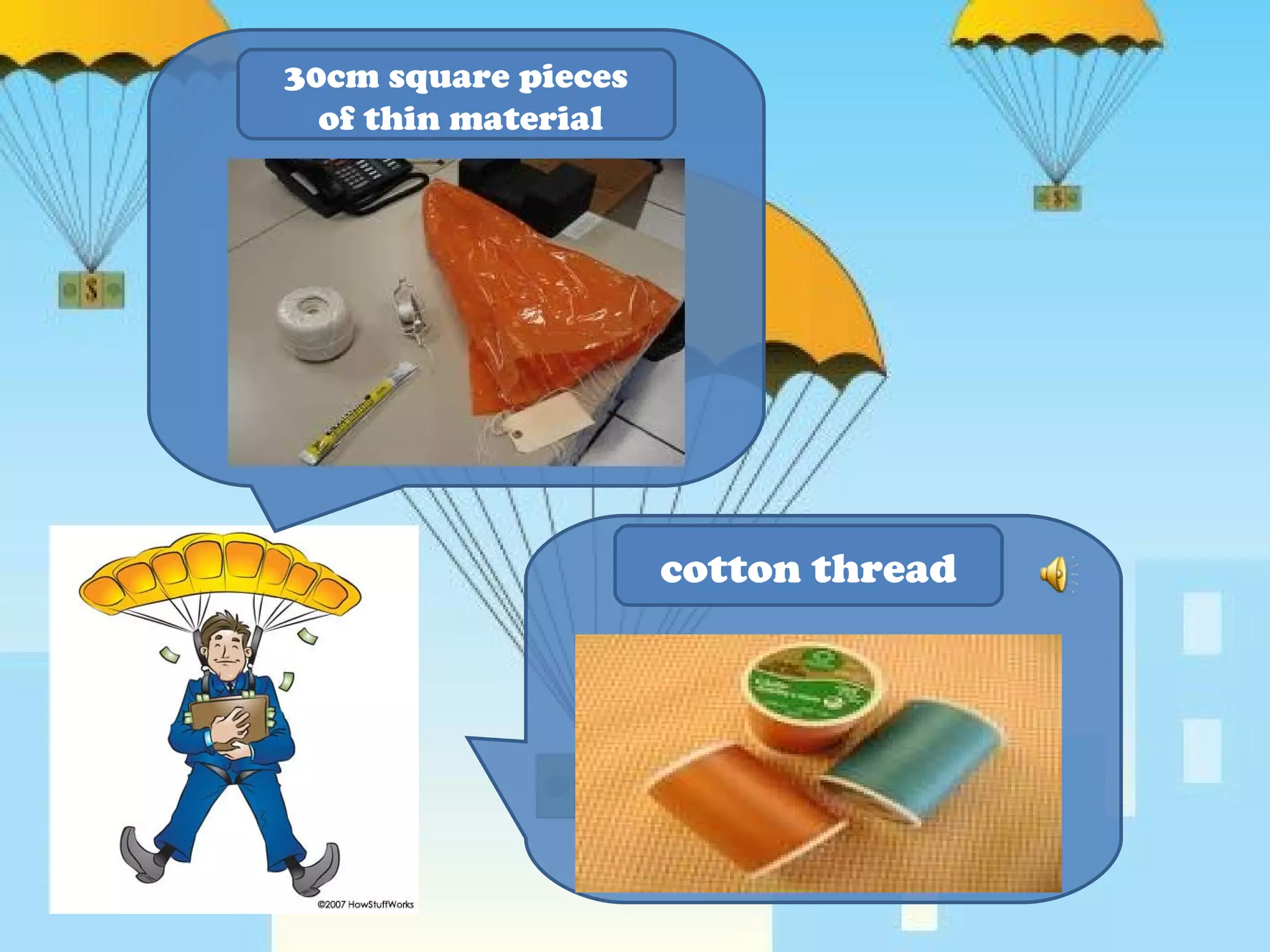 30cm square pieces of thin material cotton thread 