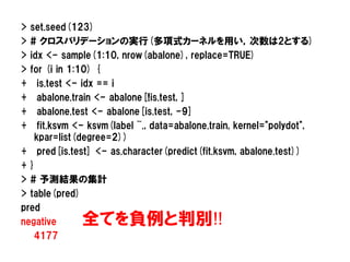 > set.seed(123)
> # クロスバリデーションの実行(多項式カーネルを用い，次数は2とする)
> idx <- sample(1:10, nrow(abalone), replace=TRUE)
> for (i in 1:10) {
+   is.test <- idx == i
+   abalone.train <- abalone[!is.test, ]
+   abalone.test <- abalone[is.test, -9]
+   fit.ksvm <- ksvm(label ~., data=abalone.train, kernel="polydot",
   kpar=list(degree=2))
+ pred[is.test] <- as.character(predict(fit.ksvm, abalone.test))
+}
> # 予測結果の集計
> table(pred)
pred
negative      全てを負例と判別!!
   4177
 