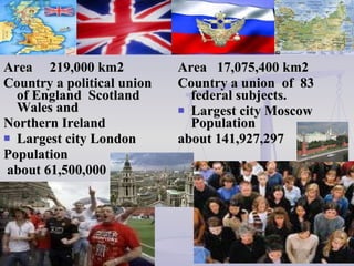 Area   219,000 km2  Country  a   political union of  England   Scotland   Wales  and Northern Ireland Largest city London Population about  61,500,000 Area   17,075,400 km2 Country  a union   of  83 federal subjects.  Largest city  Moscow  Population   about  141,927,297   