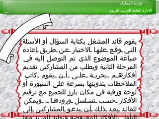 يقوم قائد المشغل بكتابة السؤال أو الأسئلة التي وقع عليها الاختيار عن طريق إعادة صياغة الموضوع الذي تم التوصل إليه في المرحلة الثانية ويطلب من المشاركين تقديم أفكارهم بحرية على أن يقوم كاتب الملاحظات بتدوينها بسرعة على السبورة أو لوحة ورقية في مكان بارز للجميع مع ترقيم الأفكار حسب تسلسل ورودها ، ويمكن للقائد بعد ذلك أن يدعو المشاركين إلى التأمل بالأفكار المعروضة وتوليد المزيد منها   العصف الذهني 