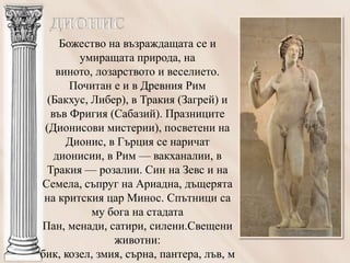 Божество на възраждащата се и
        умиращата природа, на
    виното, лозарството и веселието.
       Почитан е и в Древния Рим
  (Бакхус, Либер), в Тракия (Загрей) и
   във Фригия (Сабазий). Празниците
 (Дионисови мистерии), посветени на
      Дионис, в Гърция се наричат
    дионисии, в Рим — вакханалии, в
 Тракия — розалии. Син на Зевс и на
Семела, съпруг на Ариадна, дъщерята
 на критския цар Минос. Спътници са
           му бога на стадата
Пан, менади, сатири, силени.Свещени
                животни:
бик, козел, змия, сърна, пантера, лъв, м
 