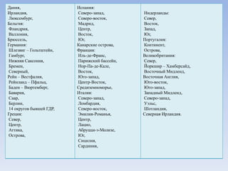 Дания,                   Испания:
Ирландия,                Северо-запад,        Нидерланды:
Люксембург,              Северо-восток,       Север,
Бельгия:                 Мадрид,              Восток,
Фландрия,                Центр,               Запад,
Валлония,                Восток,              Юг,
Брюссель,                Юг,                  Португалия:
Германия:                Канарские острова,   Континент,
Шлезвиг – Гольтштейн,    Франция:             Острова,
Гамбург,                 Иль-де-Франс,        Великобритания:
Нижняя Саксония,         Парижский бассейн,   Север,
Бремен,                  Нор-Па-де-Кале,      Йоркшир – Хамберсайд,
Северный,                Восток,              Восточный Мидленд,
Рейн – Вестфалия,        Юго-запад,           Восточная Англия,
Рейнланд – Пфальц,       Центр-Восток,        Юго-восток,
Баден – Вюртемберг,      Средиземноморье,     Юго-запад,
Бавария,                 Италия:              Западный Мидленд,
Саар,                    Северо-запад,        Северо-запад,
Берлин,                  Ломбардия,           Уэльс,
14 округов бывшей ГДР,   Северо-восток,       Шотландия,
Греция:                  Эмилия-Романья,      Северная Ирландия.
Север,                   Центр,
Центр,                   Лацио,
Аттика,                  Абруцци-э-Молизе,
Острова,                 Юг,
                         Сицилия,
                         Сардиния,
 
