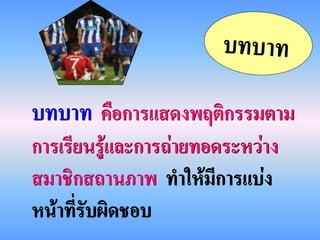 บทบาท คือการแสดงพฤติกรรมตาม
การเรียนรู้และการถ่ายทอดระหว่าง
สมาชิกสถานภาพ ทาให้มีการแบ่ง
หน้าที่รับผิดชอบ
 