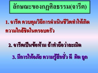 ลักษณะของกฏศิลธรรม(จารีต)
1. จารีต ควบคุมวิถีการดาเนินชีวิตทาให้เกิด
ความใกล้ชิดในครอบครัว
 2. จารีตเป็นข้อห้าม ถ้าทาถือว่าละเมิด
   3. มีการให้อภัย ความรู้สึกชั่ว ดี ผิด ถูก
 