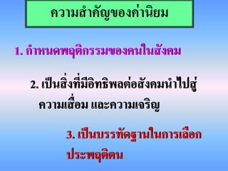 ความสาคัญของค่านิยม
1. กาหนดพฤติกรรมของคนในสังคม
  2. เป็นสิ่งที่มีอิทธิพลต่อสังคมนาไปสู่
    ความเสื่อม และความเจริญ
          3. เป็นบรรทัดฐานในการเลือก
          ประพฤติตน
 