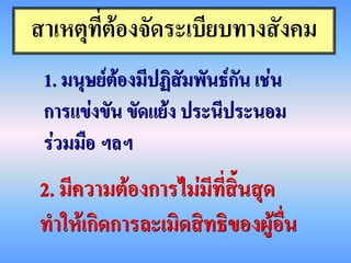 สาเหตุที่ต้องจัดระเบียบทางสังคม
 1. มนุษย์ต้องมีปฏิสัมพันธ์กัน เช่น
 การแข่งขัน ขัดแย้ง ประนีประนอม
 ร่วมมือ ฯลฯ
2. มีความต้องการไม่มีที่สิ้นสุด
ทาให้เกิดการละเมิดสิทธิของผู้อื่น
 