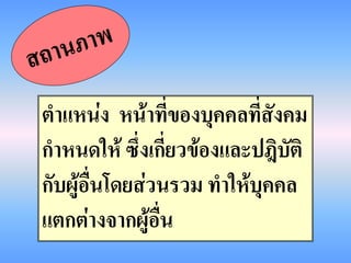 ตาแหน่ง หน้าที่ของบุคคลที่สังคม
กาหนดให้ ซึ่งเกี่ยวข้องและปฎิบัติ
กับผู้อื่นโดยส่วนรวม ทาให้บุคคล
แตกต่างจากผู้อื่น
 
