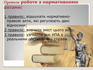 1 правило: відшукати нормативно-
 правові акти, які регулюють дані
 відносини;
2 правило: вивчити зміст цього акту;
3 правило: узгодити дію НПА з
 реальними обставинами справи.
 