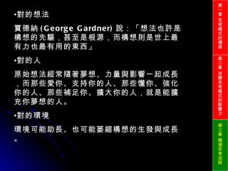 對的想法 賈德納 (George Gardner) 說：「想法也許是構想的先驅，甚至是根源，而構想則是世上最有力也最有用的東西」 對的人 原始想法經常隨著夢想、力量與影響一起成長，而那些愛你、支持你的人、那些懂你、強化你的人、那些補足你、擴大你的人，就是能擴充你夢想的人。 對的環境 環境可能助長、也可能萎縮構想的生發與成長。 第一章 思考模式的價值 第二章 改變思考模式的影響力 第三章 精通思考流程 