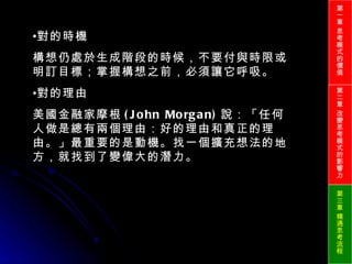 對的時機 構想仍處於生成階段的時候，不要付與時限或明訂目標；掌握構想之前，必須讓它呼吸。 對的理由 美國金融家摩根 (John Morgan) 說：「任何人做是總有兩個理由：好的理由和真正的理由。」最重要的是動機。找一個擴充想法的地方，就找到了變偉大的潛力。 第一章 思考模式的價值 第二章 改變思考模式的影響力 第三章 精通思考流程 