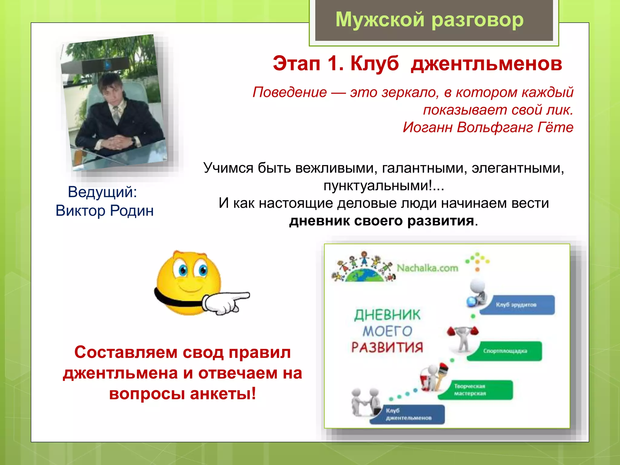 Мужской разговор
Этап 1. Клуб джентльменов
Ведущий:
Виктор Родин
Учимся быть вежливыми, галантными, элегантными,
пунктуальными!...
И как настоящие деловые люди начинаем вести
дневник своего развития.
Составляем свод правил
джентльмена и отвечаем на
вопросы анкеты!
Поведение — это зеркало, в котором каждый
показывает свой лик.
Иоганн Вольфганг Гёте
 