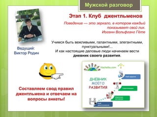 Мужской разговор
Этап 1. Клуб джентльменов
Ведущий:
Виктор Родин
Учимся быть вежливыми, галантными, элегантными,
пунктуальными!...
И как настоящие деловые люди начинаем вести
дневник своего развития.
Составляем свод правил
джентльмена и отвечаем на
вопросы анкеты!
Поведение — это зеркало, в котором каждый
показывает свой лик.
Иоганн Вольфганг Гёте
 