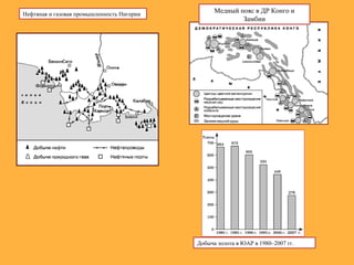 Нефтяная и газовая промышленность Нигерии
Медный пояс в ДР Конго и
Замбии
Добыча золота в ЮАР в 1980–2007 гг.
 