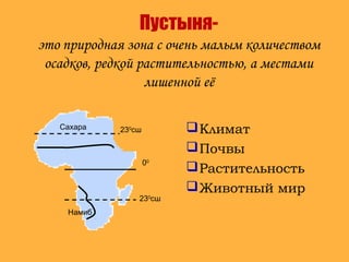 Пустыня-
это природная зона с очень малым количеством
осадков, редкой растительностью, а местами
лишенной её
Климат
Почвы
Растительность
Животный мир
230
сш
230
сш
00
Сахара
Намиб
 
