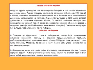 Лесное хозяйство Африки
На долю Африки приходится 16% лесопокрытой площади и 15% запасов лиственной
древесины мира. Лесная площадь континента примерно 630 млн. га. 99% лесной
площади занимают лиственные и смешанные леса. Большая часть заготовленной
древесины используется на топливо. Лишь в Кот-д,Ивуаре и ЮАР доля деловой
древесины в заготовках достигает 45-55%. До 60-70% стоимости экспорта леса
приходится на круглый лес. В основном вывозится красное, эбеновое дерево и
сходные с ними (всего 25-35 пород в зависимости от спроса). Основные экспортеры:
Кот-д,Ивуар, Габон, Камерун, Конго, Либерия.
Рыболовство Африки
В большинстве африканских стран в рыболовстве занято 1-2% экономически
активного населения, поэтому в решении продовольственной проблемы
рыболовство большого значения не имеет. Свыше 50% улова приходится на 5 стран:
ЮАР, Нигерию, Марокко, Танзанию и Гану. Более 35% улова приходится на
внутренние водоемы.
В большинстве стран для лова рыбы используют примитивные орудия (удочки,
гарпуны, верши). Рыбопереработка развита лишь в ЮАР. На экспорт идет рыбная
мука, рыбий жир, консервы, сушеная и вяленая рыба.
 
