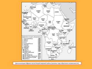 Деколонизация Африки после Второй мировой войны (указаны годы обретения независимости)
 