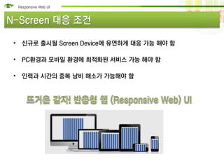 N-Screen 대응 조건

 • 신규로 출시될 Screen Device에 유연하게 대응 가능 해야 함

 • PC환경과 모바일 환경에 최적화된 서비스 가능 해야 함

 • 인력과 시간의 중복 낭비 해소가 가능해야 함
 