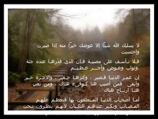 لا يسلبك الله شيئاً إلا عوضك خيراً منه إذا صبرت واحتسبت  فـلا تـأسـف على مصيبـة فـإن الذي قدّرهـا عنده جنة وثواب وعـوض وأجـــر عـظـيــم  . إن عمـر الدنيـا قـصير ، وكنزهـا حـقير ، والآخـرة خـير وأبقى  فمن أصيب هنا كـوفىء هناك ، ومن تعب هنـا ارتــاح هناك  أمـا أصحـاب الدنيـا المـتعلقون بها فتعظـم عليهـم المـصـائب وتكـبر عندهـم النكـبات لأنهـم ينظـرون تـحت أقـدامهـــــم فـلا يـرون إلا الدنيـا الفـانيـة الرخـيصــه  .    د  .  عـائـض القـرني   