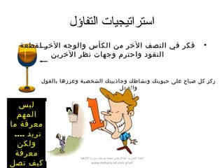 ‫التفاؤل‬ ‫استراتيجيات‬
•‫لقطعة‬ ‫الخر‬ ‫والوجه‬ ‫الكأس‬ ‫من‬ ‫الخر‬ ‫النصف‬ ‫في‬ ‫فكر‬‫لقطعة‬ ‫الخر‬ ‫والوجه‬ ‫الكأس‬ ‫من‬ ‫الخر‬ ‫النصف‬ ‫في‬ ‫فكر‬
‫الخرين‬ ‫نظر‬ ‫وجهات‬ ‫واحترم‬ ‫النقود‬‫الخرين‬ ‫نظر‬ ‫وجهات‬ ‫واحترم‬ ‫النقود‬
‫بالقول‬ ‫وعززها‬ ‫الشخصية‬ ‫وجاذبيتك‬ ‫ونشاطك‬ ‫حيويتك‬ ‫على‬ ‫صباح‬ ‫كل‬ ‫ركز‬‫بالقول‬ ‫وعززها‬ ‫الشخصية‬ ‫وجاذبيتك‬ ‫ونشاطك‬ ‫حيويتك‬ ‫على‬ ‫صباح‬ ‫كل‬ ‫ركز‬
‫والفعل‬‫والفعل‬
‫ليس‬
‫المهم‬
‫ما‬ ‫معرفة‬
.... ‫تريد‬
‫ولكن‬
‫معرفة‬
‫تصل‬ ‫كيف‬
‫اللقذقية‬ ‫سوريا‬ ‫يوسف‬ ‫محمد‬ ‫عبدالرحمن‬ ‫المدرب‬ ‫إعداد‬
‫الموقع‬www.manara-lat.com
 