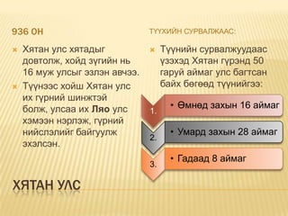 936 ОН                          ТҮҮХИЙН СУРВАЛЖААС:

   Хятан улс хятадыг               Түүнийн сурвалжуудаас
    довтолж, хойд зүгийн нь          үзэхэд Хятан гүрэнд 50
    16 муж улсыг эзлэн авчээ.        гаруй аймаг улс багтсан
   Түүнээс хойш Хятан улс           байх бөгөөд түүнийгээ:
    их гүрний шинжтэй
    болж, улсаа их Ляо улс             • Өмнөд захын 16 аймаг
                                1.
    хэмээн нэрлэж, гүрний
    нийслэлийг байгуулж                • Умард захын 28 аймаг
                                2.
    эхэлсэн.
                                       • Гадаад 8 аймаг
                                3.

ХЯТАН УЛС
 