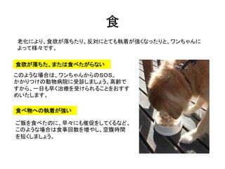食	
老化により、食欲が落ちたり、反対にとても執着が強くなったりと、ワンちゃんに
よって様々です。	
食欲が落ちた、または食べたがらない	
このような場合は、ワンちゃんからのＳＯＳ。	
  
かかりつけの動物病院に受診しましょう。高齢で
すから...