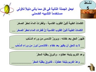 نشاط 5 اجعلِ الجملة الثانية في كل مما يأتي دليلاُ للأولى  مستخدماً التشبيه الضمني الكلماتُ الطيبةُ تُلينُ القلوبَ القاسيةَ ، وقطراتُ الماءُ تحفِرُ الصخرَ ..........................................................................................................  ظهورُ الحقِ بعد خفائه ، وبروزُ الشمسِ من وراءِ السُّحُبِ  ............................................................................................................   وعد الكريمِ يتبعُهُ عطاؤه ، والبرقُ يعْقُبُهُ المطرُ ............................................................................................................   الكلماتُ الطيبةُ تُلينُ القلوبَ القاسيةَ إنَّ قطراتِ الماءِ تحفِرُ الصخرَ لا بد للحقِ أن يظهرَ بعد خفاءٍ ، فالشمسُ تبرز من وراءِ السُّحُبِ وعدُ الكريمِ يتْبَعُهُ عطاؤُهُ ، فالبرقُ يعْقُبُهُ المطرُ 