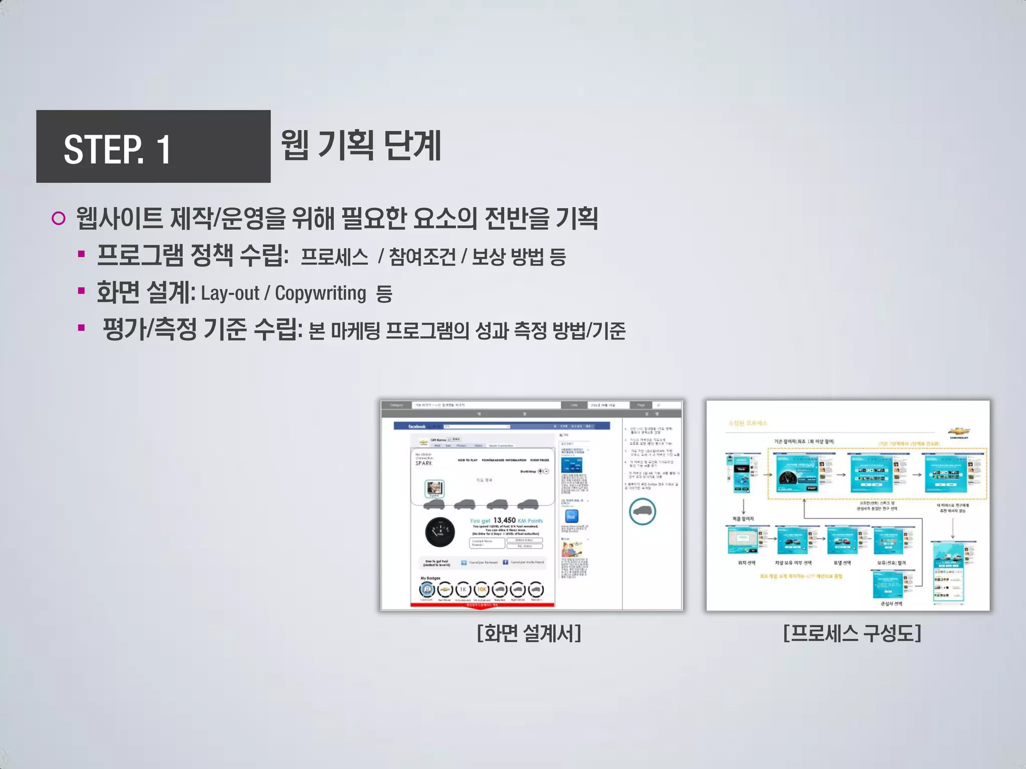 웹 기획 단계

○ 웹사이트 제작 운영을 위해 필요한 요소의 전반을 기획
  ▪ 프로그램 정책 수립 프로세스 참여조건 보상 방법 등
  ▪ 화면 설계            등
  ▪ 평가 측정 기준 수립 본 마케팅 프로그램의 성과 측정 방법 기준




                            [화면 설계서]      [프로세스 구성도]
 