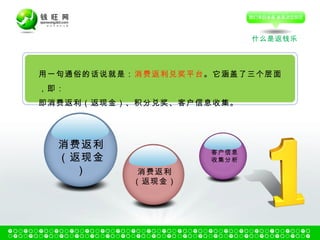 用一句通俗的话说就是： 消费返利兑奖平台 。它涵盖了三个层面，即： 即消费返利（返现金）、积分兑奖、客户信息收集。 消费返利（返现金） 客户信息 收集分析 消费返利（返现金） 什么是返钱乐 
