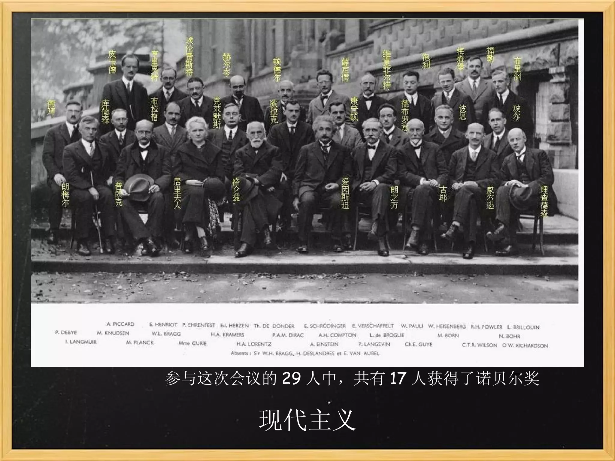 现代主义 参与这次会议的 29 人中，共有 17 人获得了诺贝尔奖  